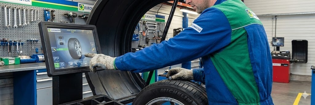 meccanico effettua l'equilibrature delle gomme